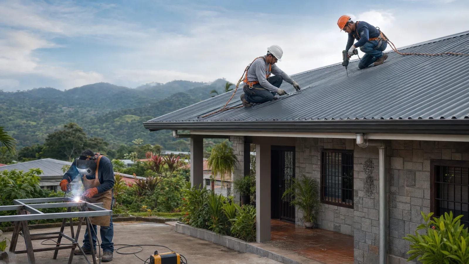 Equipo profesional reparando un techo y soldando una estructura metálica en Costa Rica